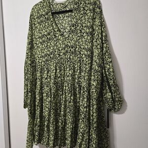 Zara Green Floral Babydoll Long Sleeve Dress